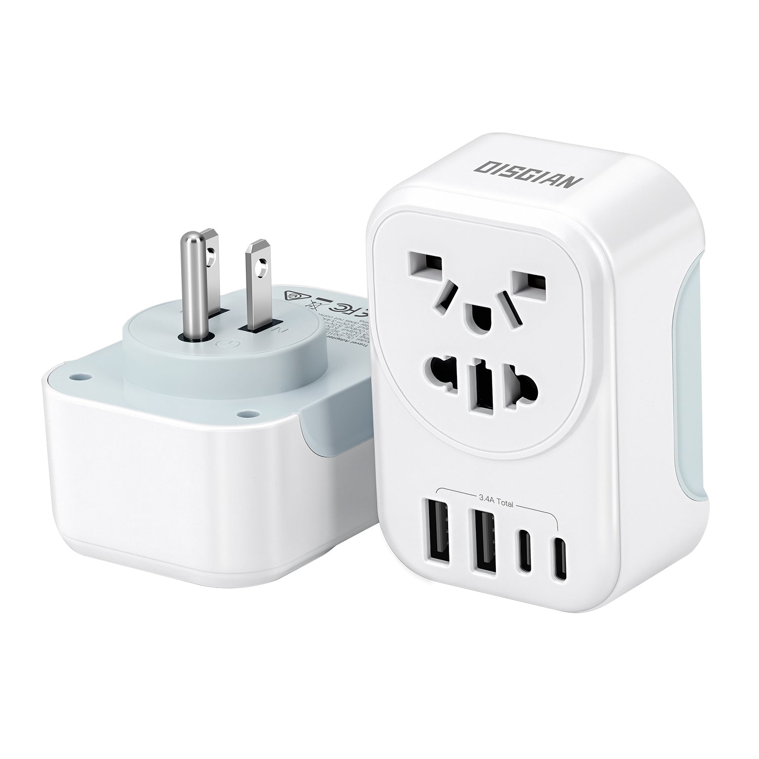 DISGIAN US Travel Adapter,Portable Type-B (Fit USA CA TH JP PH MX) Travel Plug and Wall Charger with 2 USB-A & 2 USB-C Ports, Universal Global Converter Socket for EU UK AU US Japan Travel