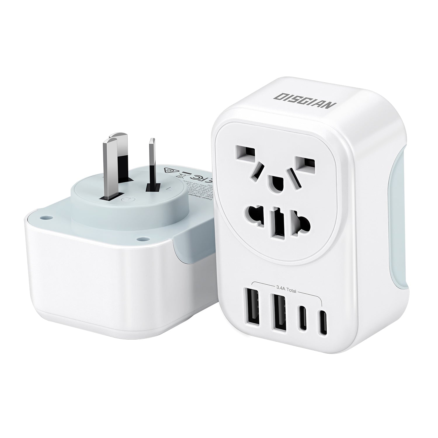 DISGIAN AU Travel Adapter,EU/UK/USA/JP China Italy to AU/NZ Outlet Power Adaptor with 2 USB-C and 2USB-A Port.Portable World to Australia Plug Adapter Compatible with US, UK, EU, JP,CN Plug