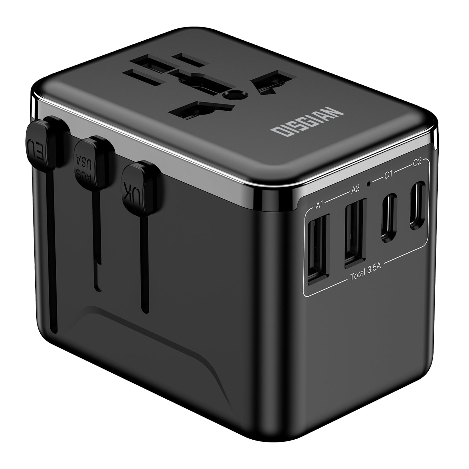 DISGIAN Universal Travel Adapter, 2 USB-C & 2 USB-A Fast Charging Wall Charger, Worldwide Plug for USA, Japan, UK, EU