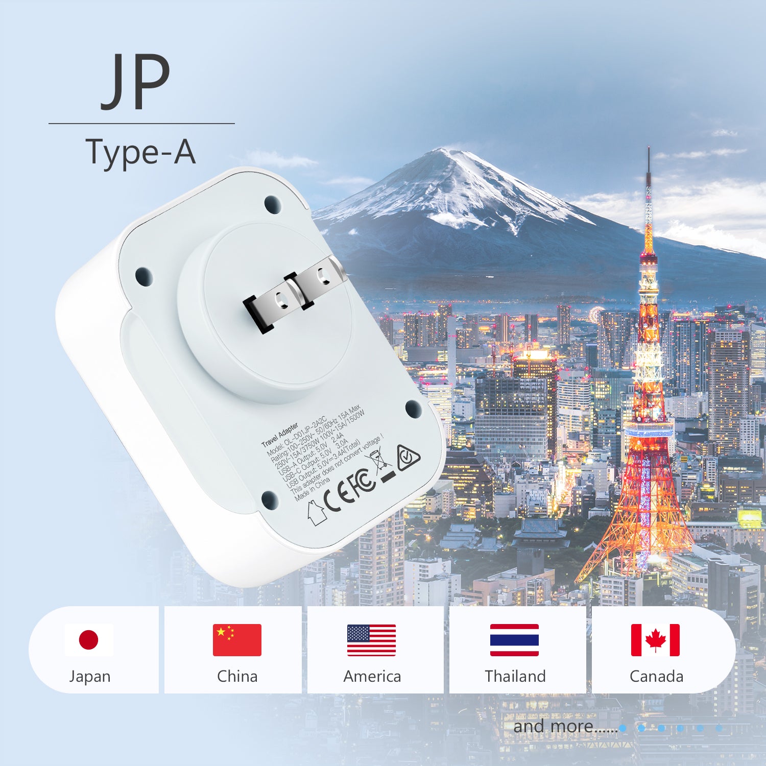 DISGIAN Japan Travel Adapter,Portable Type A (Fit JP US CA TH CN MX) Travel Adapter,Wall Charger with 2 USB-A & 2 USB-C Ports, Universal Global Converter Socket for EU UK AU US Japan Travel