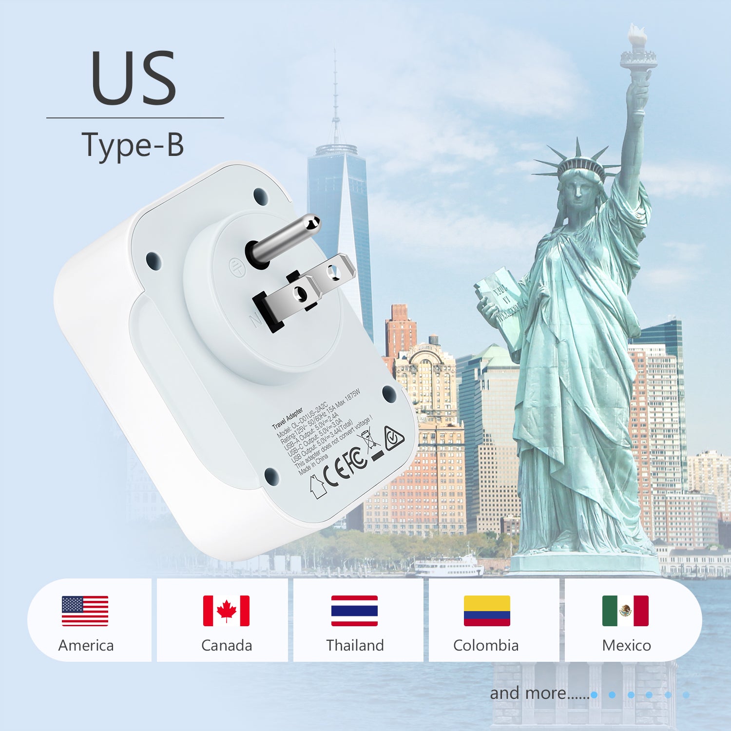 DISGIAN US Travel Adapter,Portable Type-B (Fit USA CA TH JP PH MX) Travel Plug and Wall Charger with 2 USB-A & 2 USB-C Ports, Universal Global Converter Socket for EU UK AU US Japan Travel