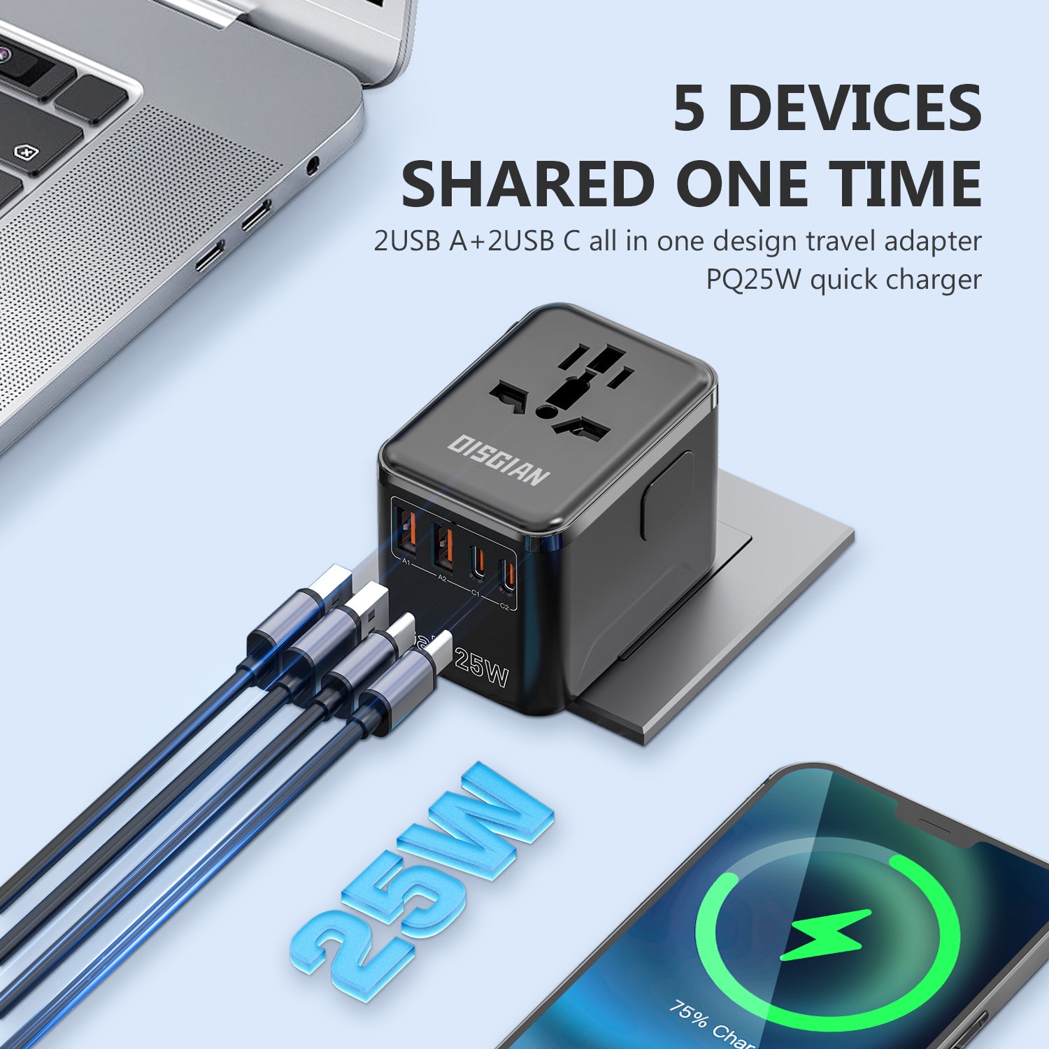 DISGIAN 25W Universal Travel Plug Adapter, 2 Type-C + 2 USB-A Fast Charger, International Power Adaptor US EU UK AU, Black