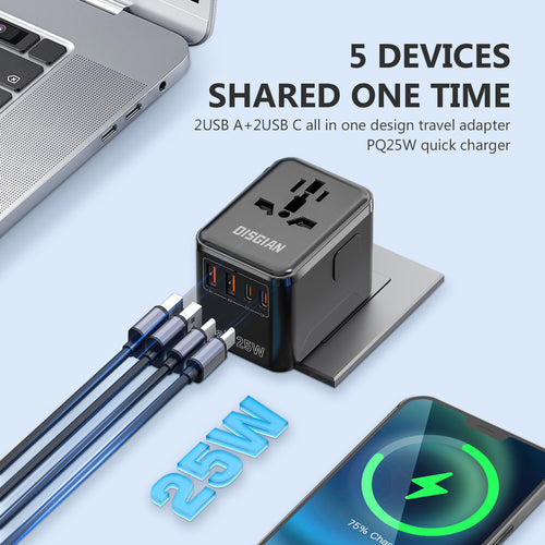 DISGIAN 25W Universal Travel Plug Adapter, 2 Type-C + 2 USB-A Fast Charger, International Power Adaptor US EU UK AU, Black