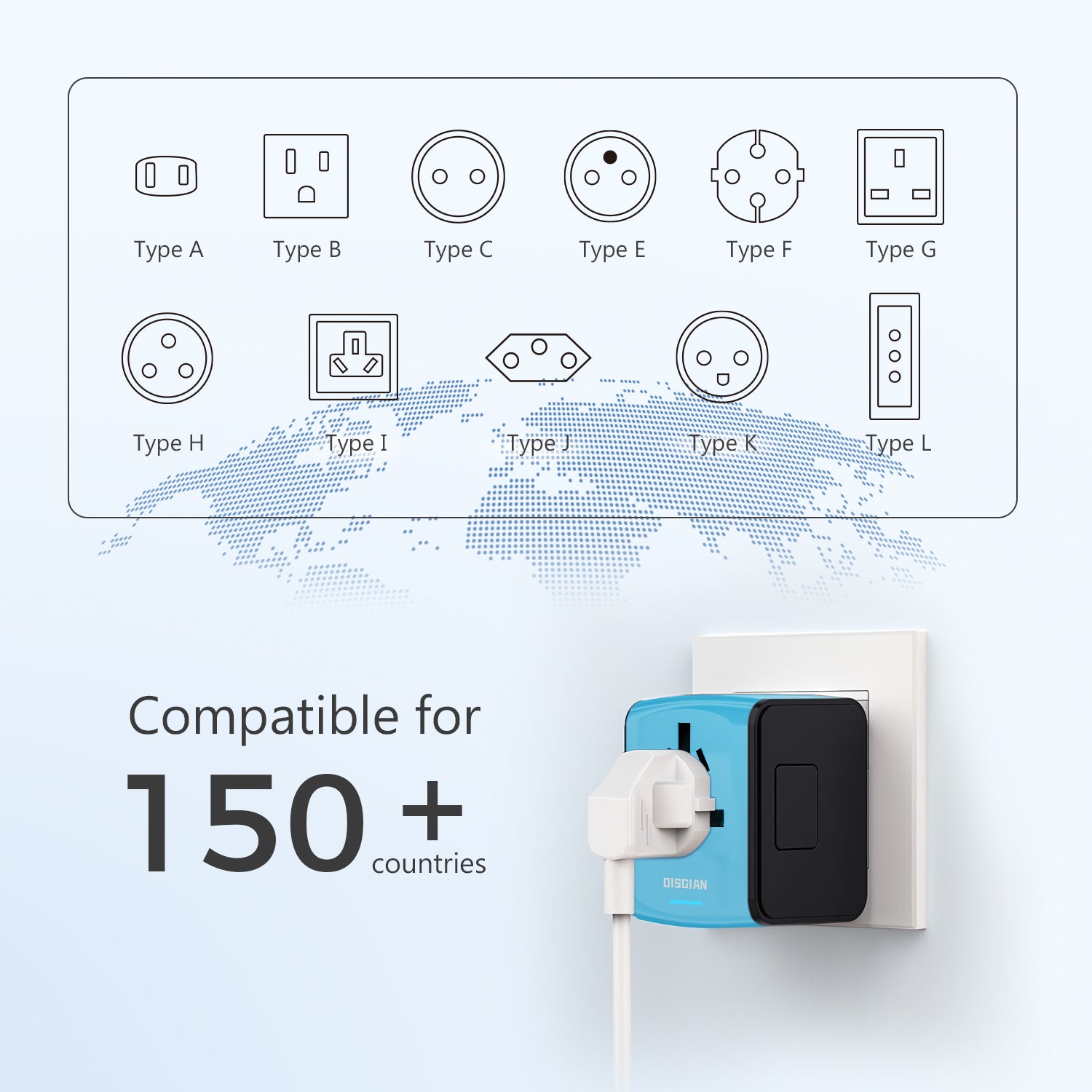 DISGIAN Universal Travel Adapter 3 USB & Type-C Port International Wall Charger Plug for UK EU AU 200 Countries