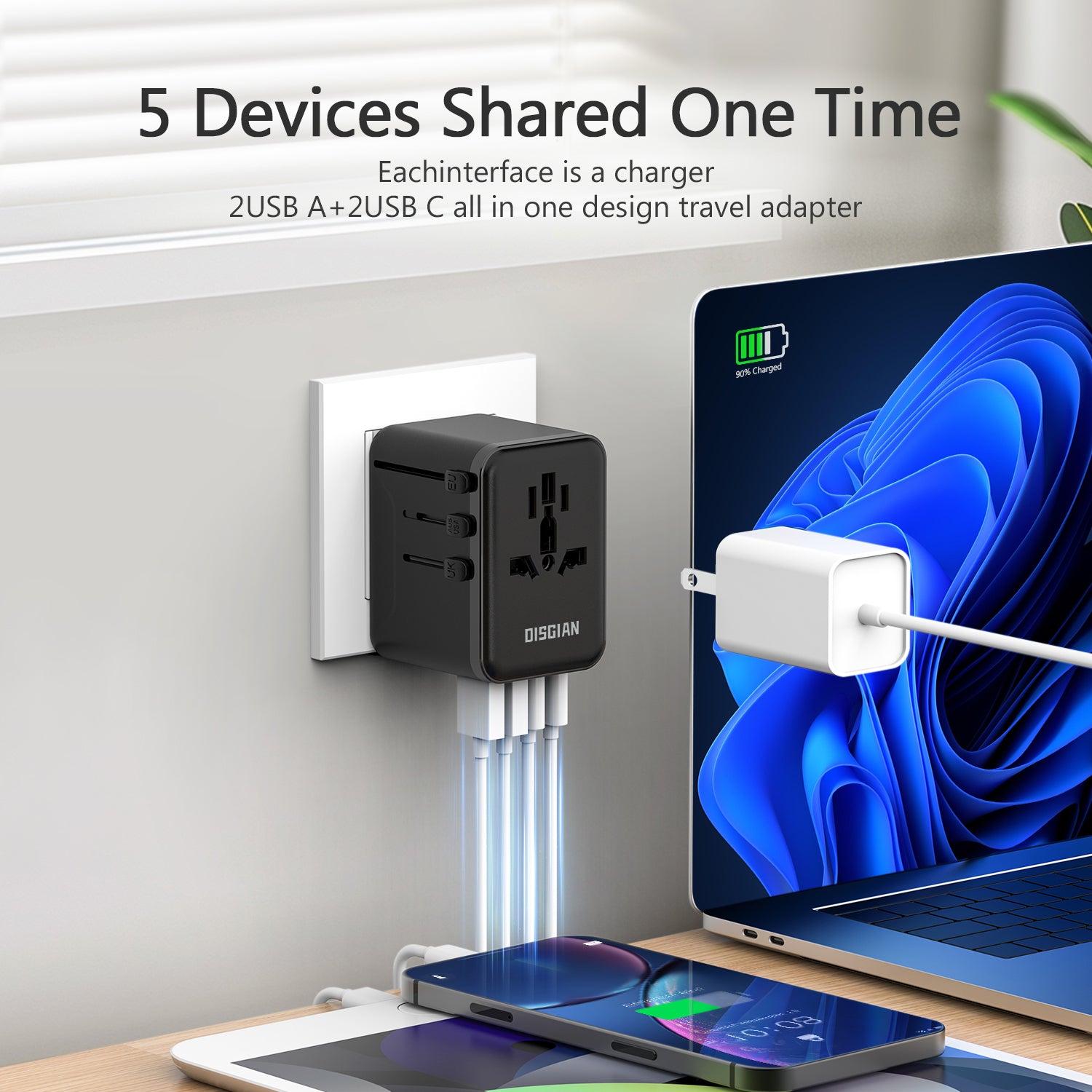 DISGIAN Universal Travel Adapter, 2 USB-C & 2 USB-A Fast Charging Wall Charger, Worldwide Plug for USA, Japan, UK, EU