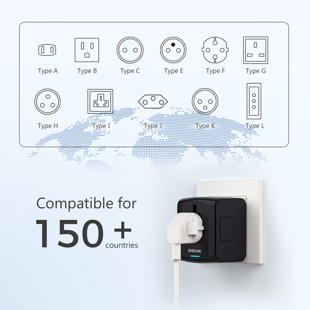DISGIAN Universal Travel Adapter 3 USB & Type-C Port International Wall Charger Plug for UK EU AU 200 Countries