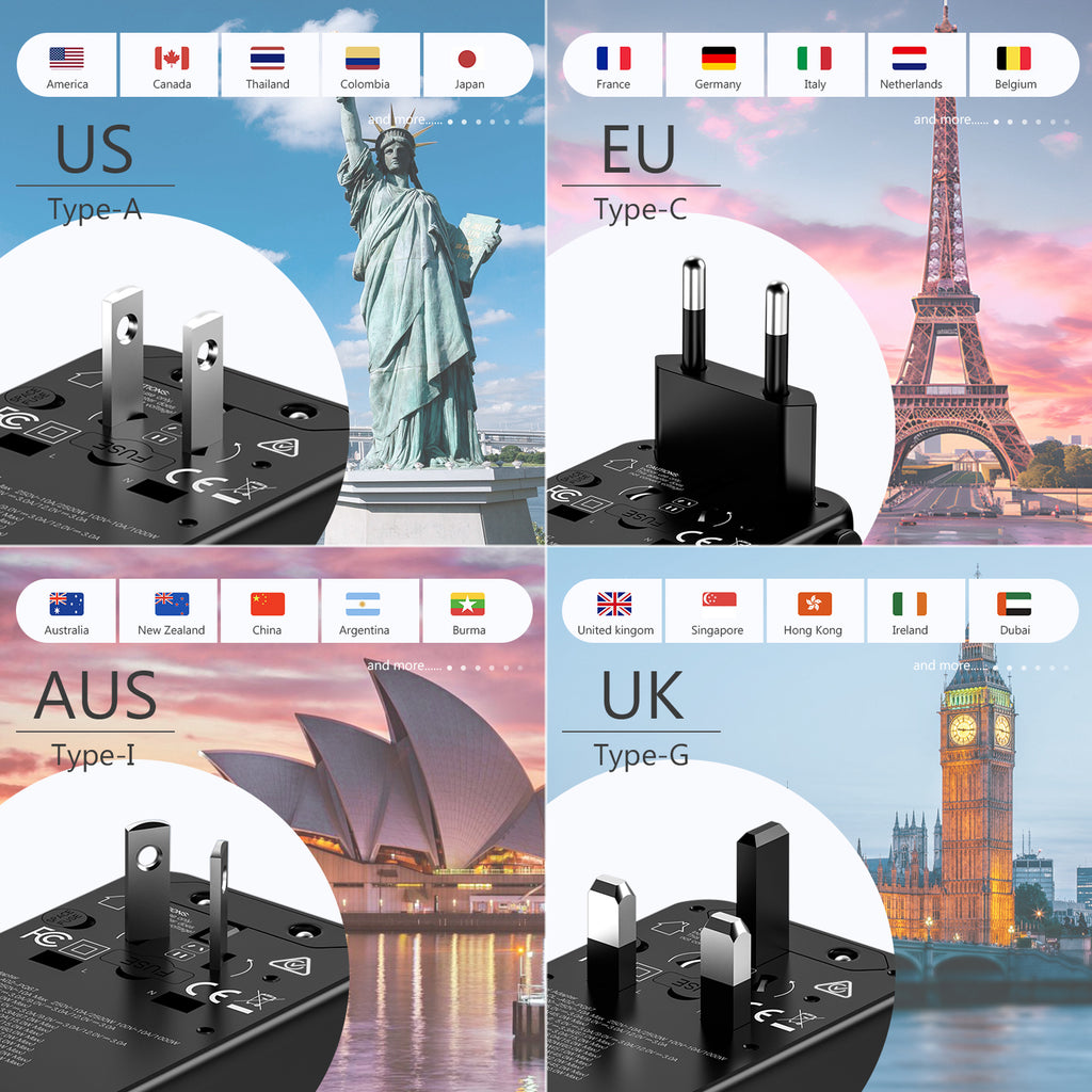 DISGIAN 25W Universal Travel Plug Adapter, 2 Type-C + 2 USB-A Fast Charger, International Power Adaptor US EU UK AU, Black