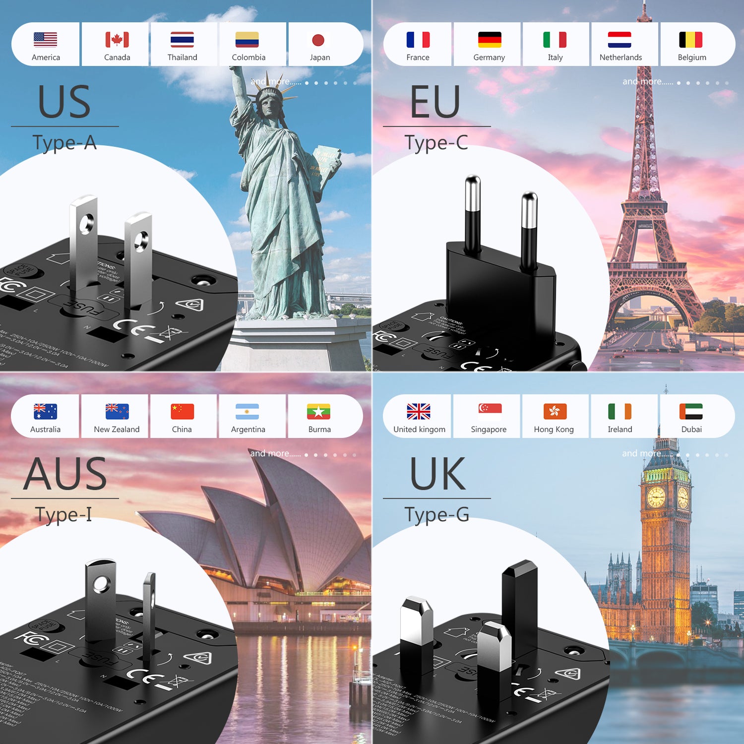 DISGIAN 25W Universal Travel Plug Adapter, 2 Type-C + 2 USB-A Fast Charger, International Power Adaptor US EU UK AU, Black
