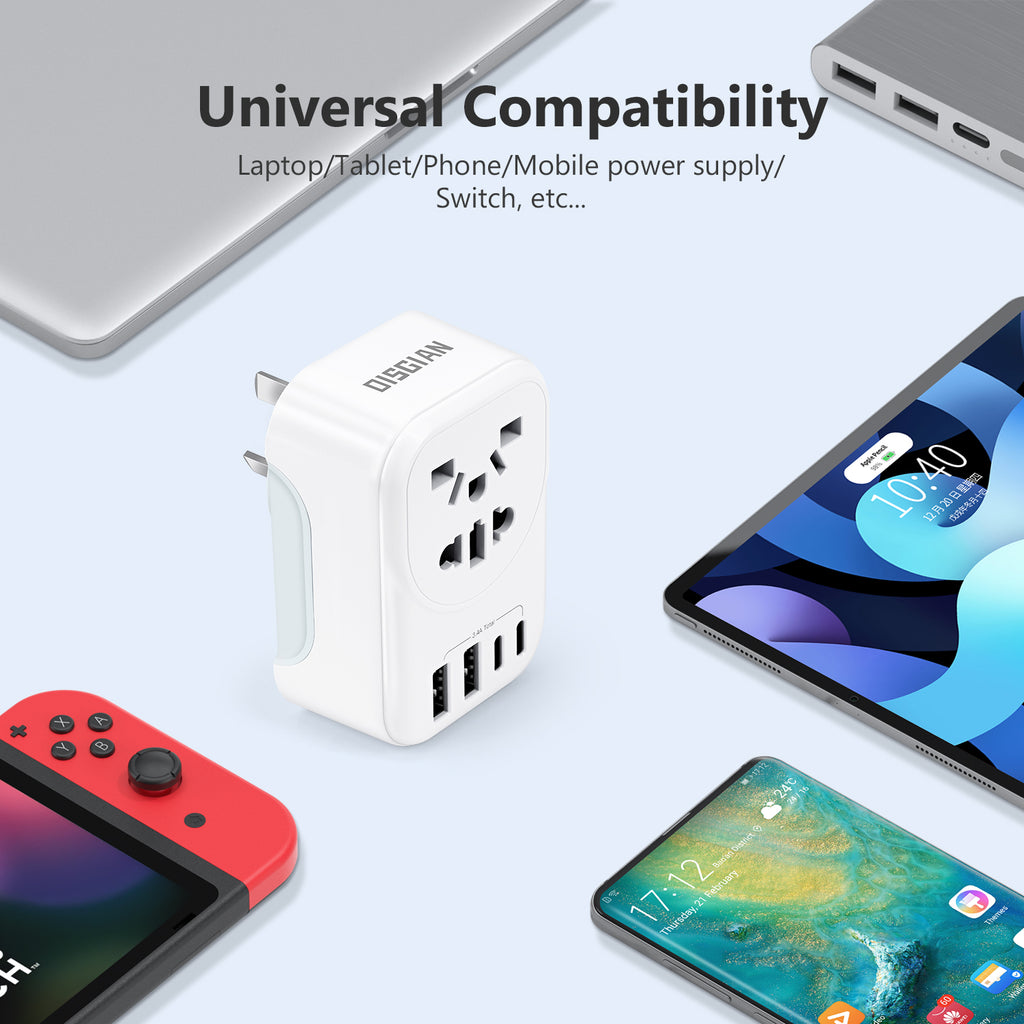 DISGIAN AU Travel Adapter,EU/UK/USA/JP China Italy to AU/NZ Outlet Power Adaptor with 2 USB-C and 2USB-A Port.Portable World to Australia Plug Adapter Compatible with US, UK, EU, JP,CN Plug