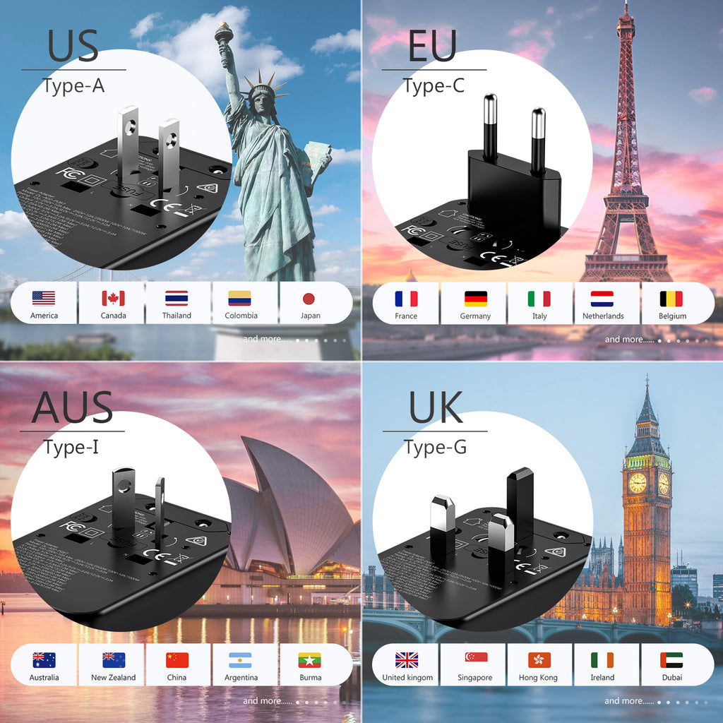DISGIAN Universal Travel Adapter, 2 USB-C & 2 USB-A Fast Charging Wall Charger, Worldwide Plug for USA, Japan, UK, EU