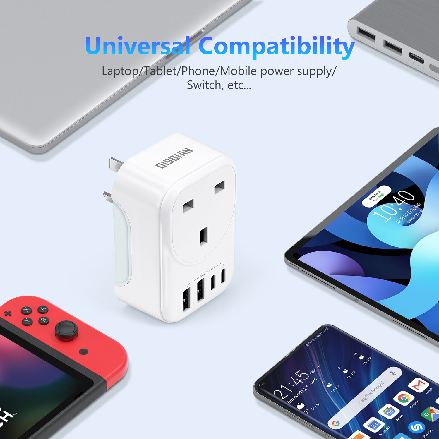 DISGIAN UK to AU Travel Adapter,UK to AU/NZ Outlet Power Adaptor with 2 USB-C and 2USB-A Port.Portable Type I to Type G Plug Adapter