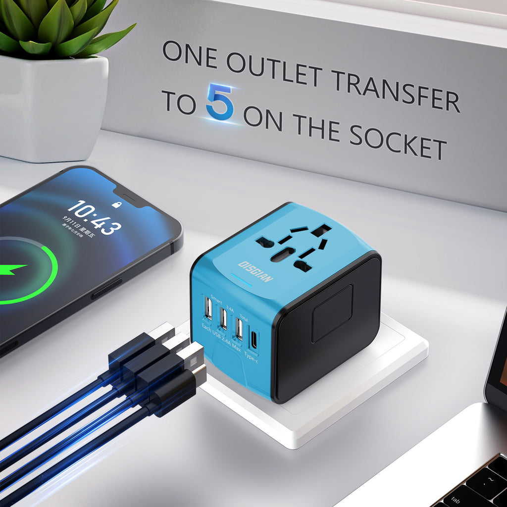 DISGIAN Universal Travel Adapter 3 USB & Type-C Port International Wall Charger Plug for UK EU AU 200 Countries