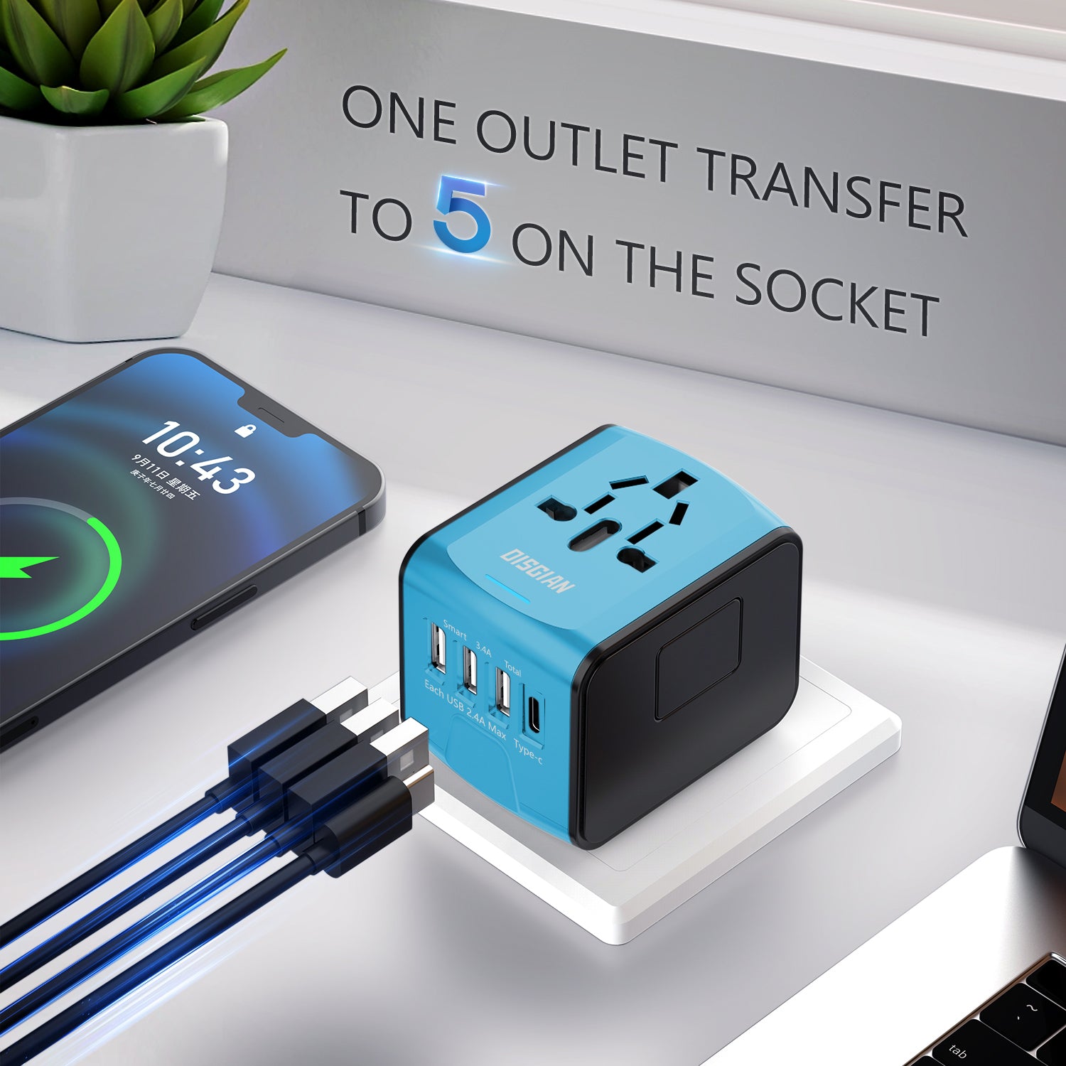 DISGIAN Universal Travel Adapter 3 USB & Type-C Port International Wall Charger Plug for UK EU AU 200 Countries