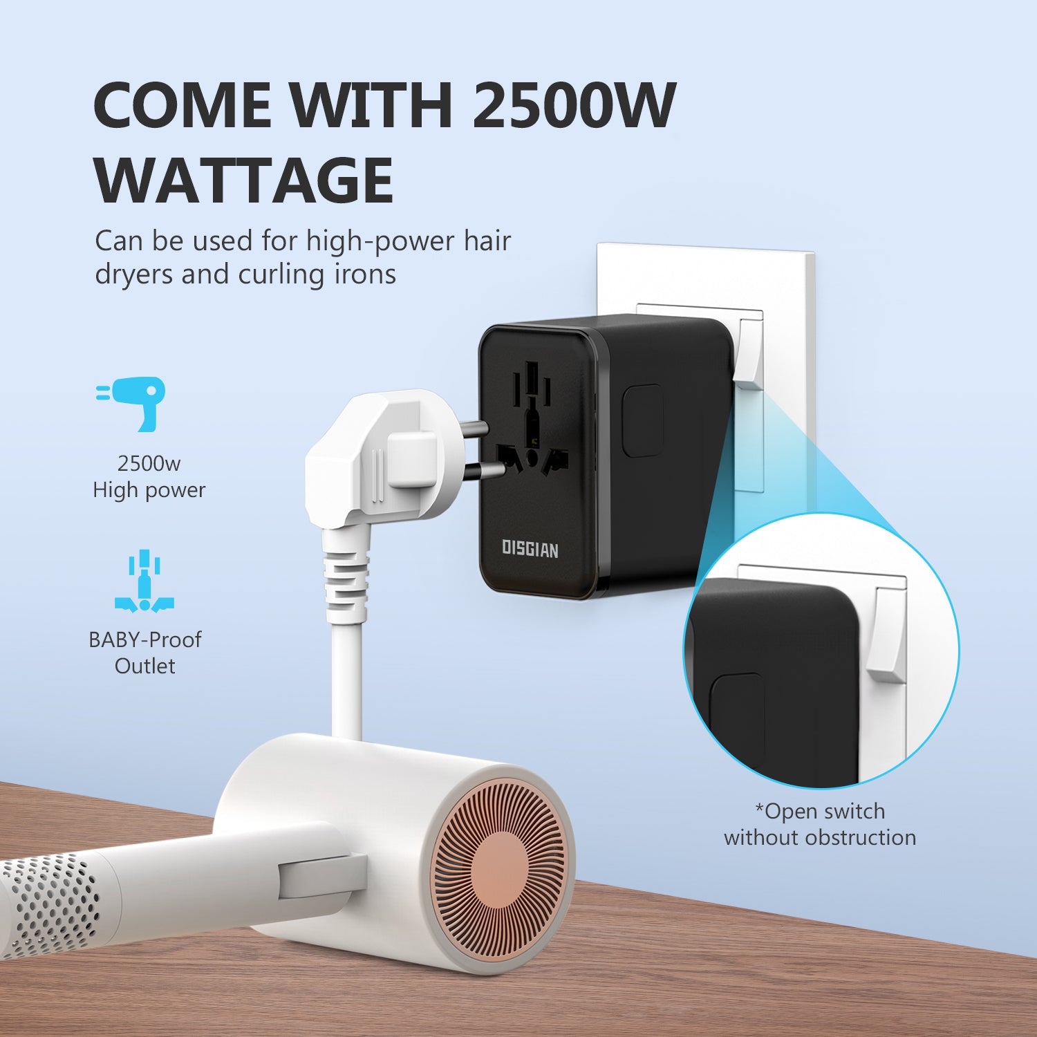 DISGIAN 25W Universal Travel Plug Adapter, 2 Type-C + 2 USB-A Fast Charger, International Power Adaptor US EU UK AU, Black