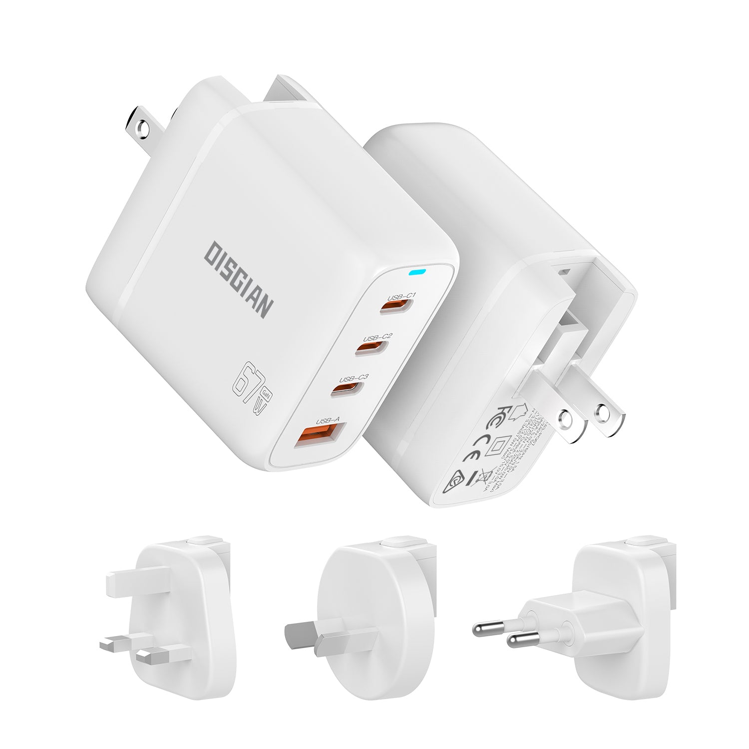 DISGIAN 67W Universal Travel Charger, 3 USB-C + 1 USB-A Fast Charging Adapter, Worldwide Plug for US UK EU AU, Compatible with Laptop, iPhone, iPad & Tablet