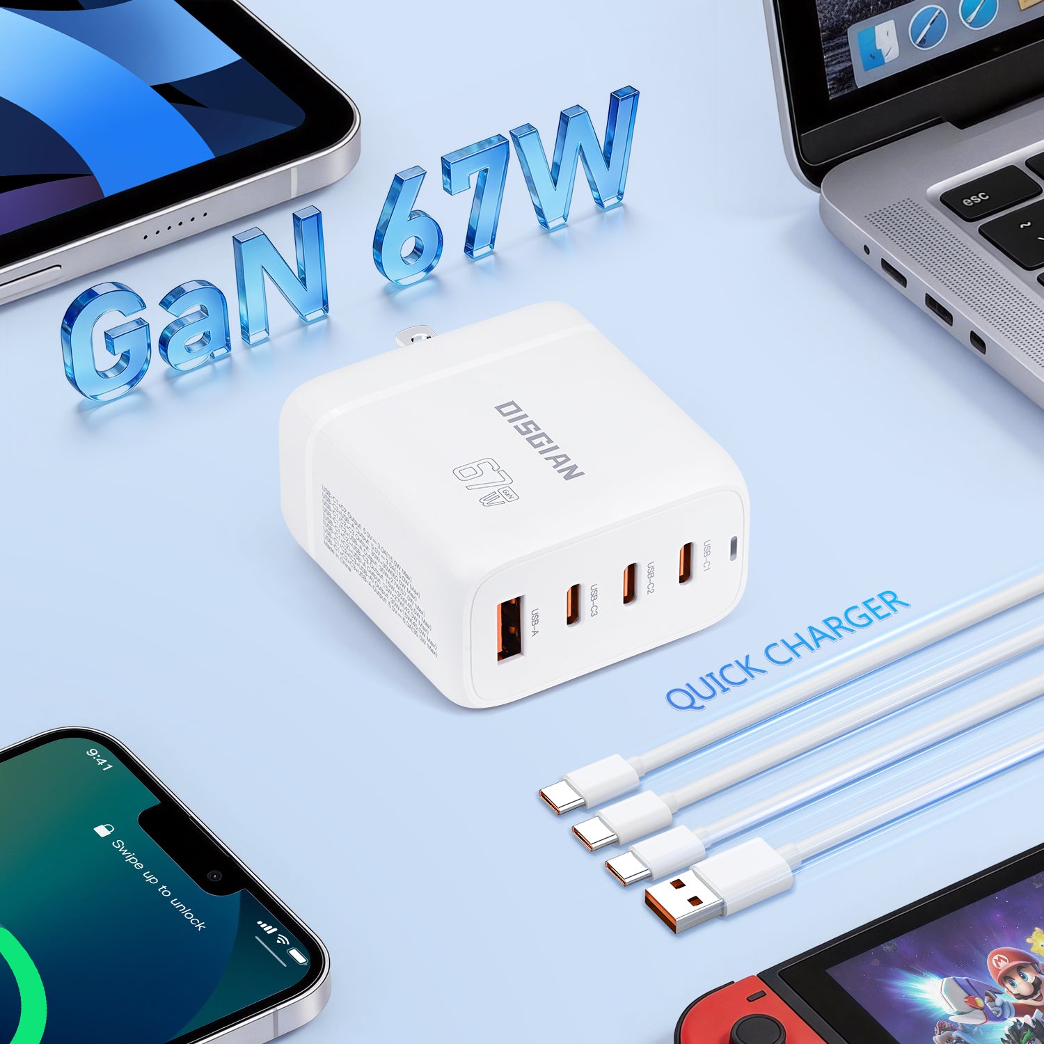 DISGIAN 67W Universal Travel Charger, 3 USB-C + 1 USB-A Fast Charging Adapter, Worldwide Plug for US UK EU AU, Compatible with Laptop, iPhone, iPad & Tablet