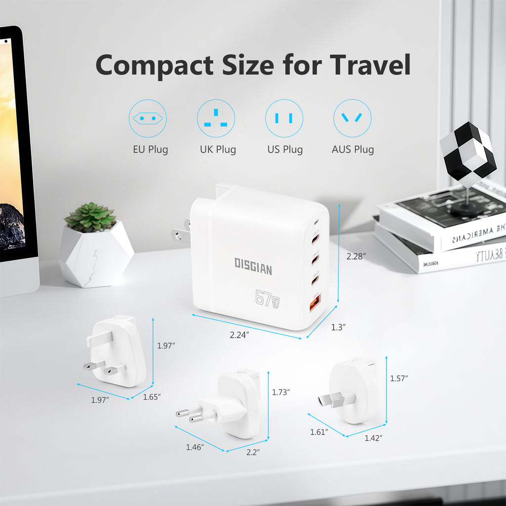 DISGIAN 67W Universal Travel Charger, 3 USB-C + 1 USB-A Fast Charging Adapter, Worldwide Plug for US UK EU AU, Compatible with Laptop, iPhone, iPad & Tablet