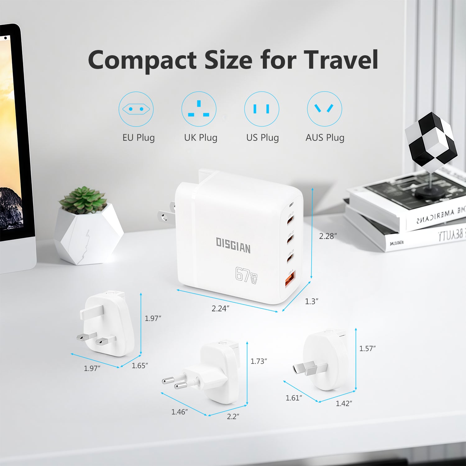 DISGIAN 67W Universal Travel Charger, 3 USB-C + 1 USB-A Fast Charging Adapter, Worldwide Plug for US UK EU AU, Compatible with Laptop, iPhone, iPad & Tablet