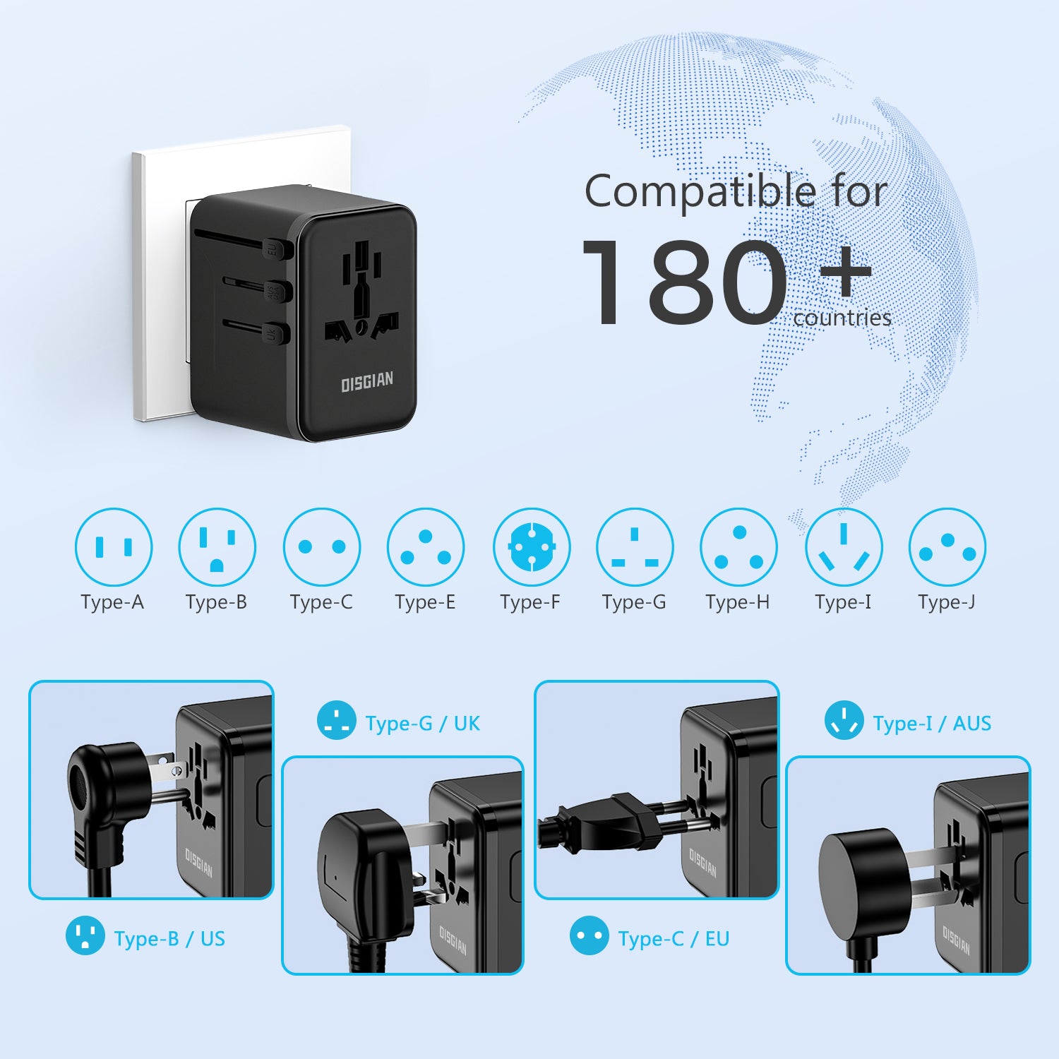 DISGIAN 25W Universal Travel Plug Adapter, 2 Type-C + 2 USB-A Fast Charger, International Power Adaptor US EU UK AU, Black