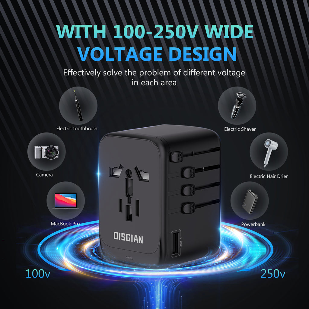 DISGIAN 100W GaN Universal Travel Adapter, 4-Port USB-C & USB-A Fast Charging International Travel Plug for Laptop Phone, Worldwide Wall Charger for EU US UK JP AU