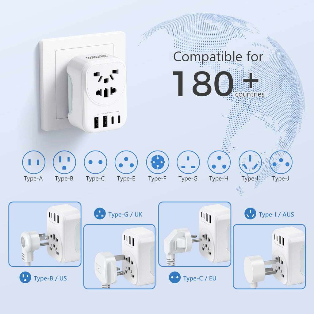 DISGIAN AU Travel Adapter,EU/UK/USA/JP China Italy to AU/NZ Outlet Power Adaptor with 2 USB-C and 2USB-A Port.Portable World to Australia Plug Adapter Compatible with US, UK, EU, JP,CN Plug