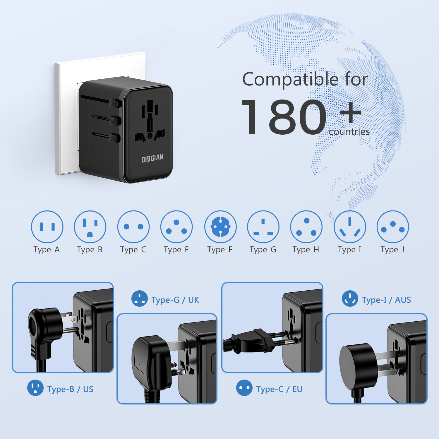 DISGIAN Universal Travel Adapter, 2 USB-C & 2 USB-A Fast Charging Wall Charger, Worldwide Plug for USA, Japan, UK, EU