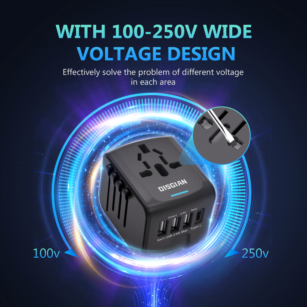 DISGIAN Universal Travel Adapter 3 USB & Type-C Port International Wall Charger Plug for UK EU AU 200 Countries