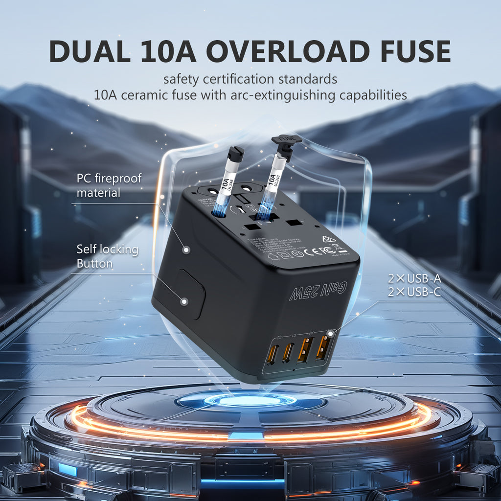 DISGIAN 25W Universal Travel Plug Adapter, 2 Type-C + 2 USB-A Fast Charger, International Power Adaptor US EU UK AU, Black