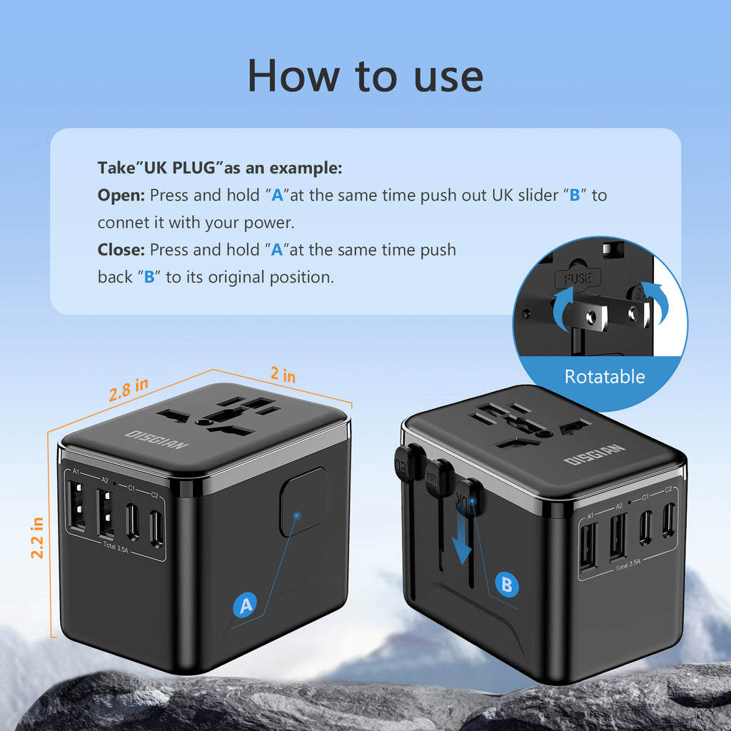 DISGIAN Universal Travel Adapter, 2 USB-C & 2 USB-A Fast Charging Wall Charger, Worldwide Plug for USA, Japan, UK, EU
