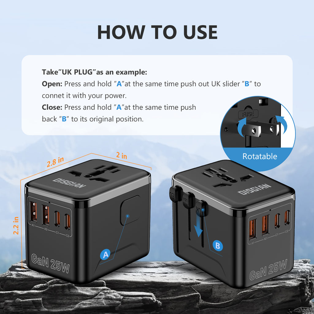 DISGIAN 25W Universal Travel Plug Adapter, 2 Type-C + 2 USB-A Fast Charger, International Power Adaptor US EU UK AU, Black
