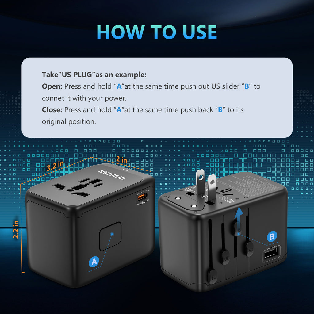 DISGIAN 100W GaN Universal Travel Adapter, 4-Port USB-C & USB-A Fast Charging International Travel Plug for Laptop Phone, Worldwide Wall Charger for EU US UK JP AU