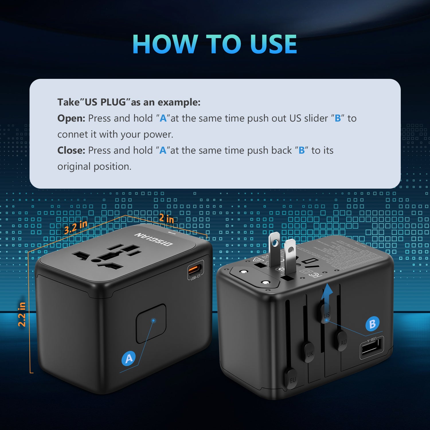 DISGIAN 100W GaN Universal Travel Adapter, 4-Port USB-C & USB-A Fast Charging International Travel Plug for Laptop Phone, Worldwide Wall Charger for EU US UK JP AU