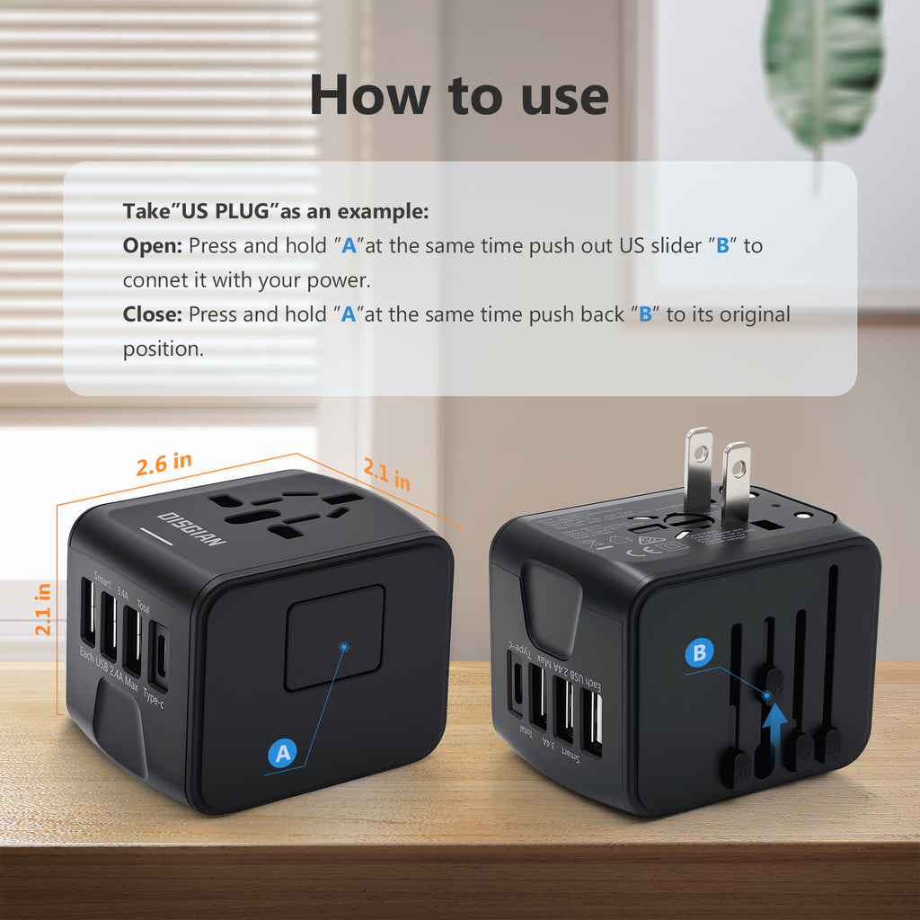 DISGIAN Universal Travel Adapter 3 USB & Type-C Port International Wall Charger Plug for UK EU AU 200 Countries