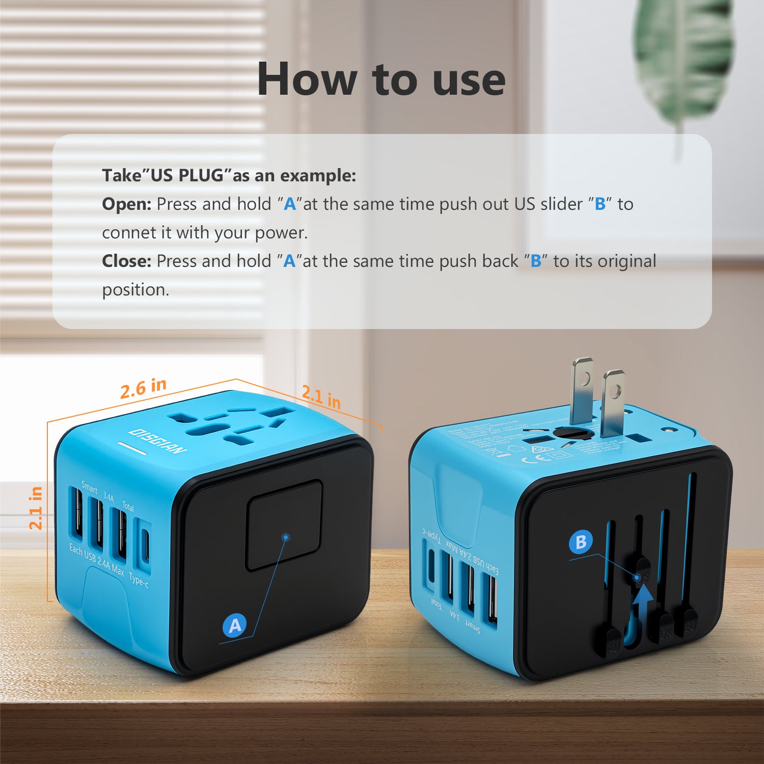 DISGIAN Universal Travel Adapter 3 USB & Type-C Port International Wall Charger Plug for UK EU AU 200 Countries