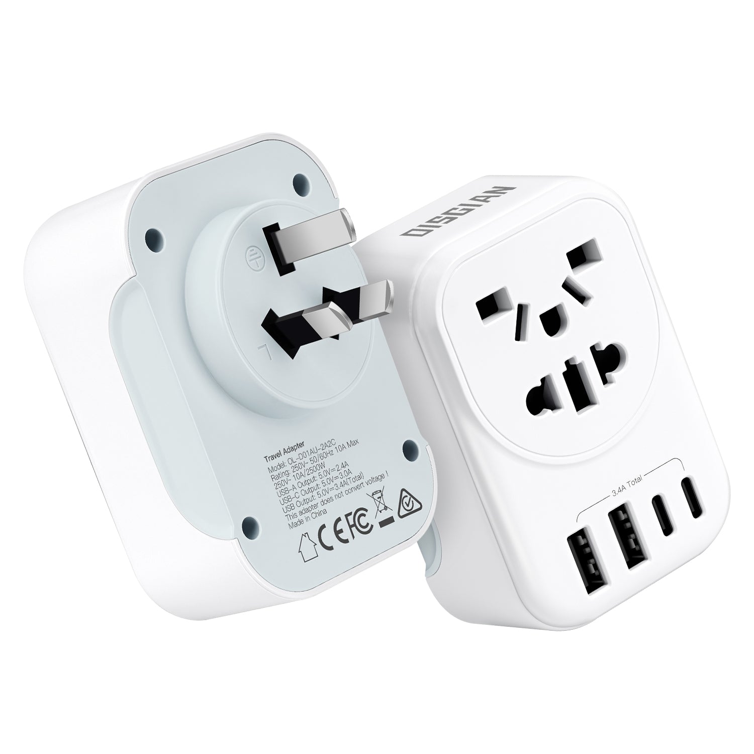 DISGIAN AU Travel Adapter,EU/UK/USA/JP China Italy to AU/NZ Outlet Power Adaptor with 2 USB-C and 2USB-A Port.Portable World to Australia Plug Adapter Compatible with US, UK, EU, JP,CN Plug