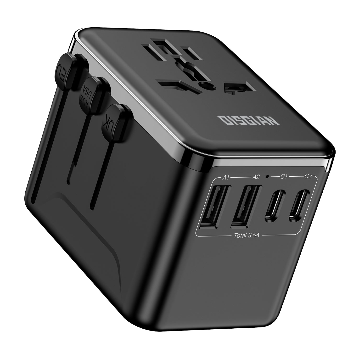 DISGIAN Universal Travel Adapter, 2 USB-C & 2 USB-A Fast Charging Wall Charger, Worldwide Plug for USA, Japan, UK, EU