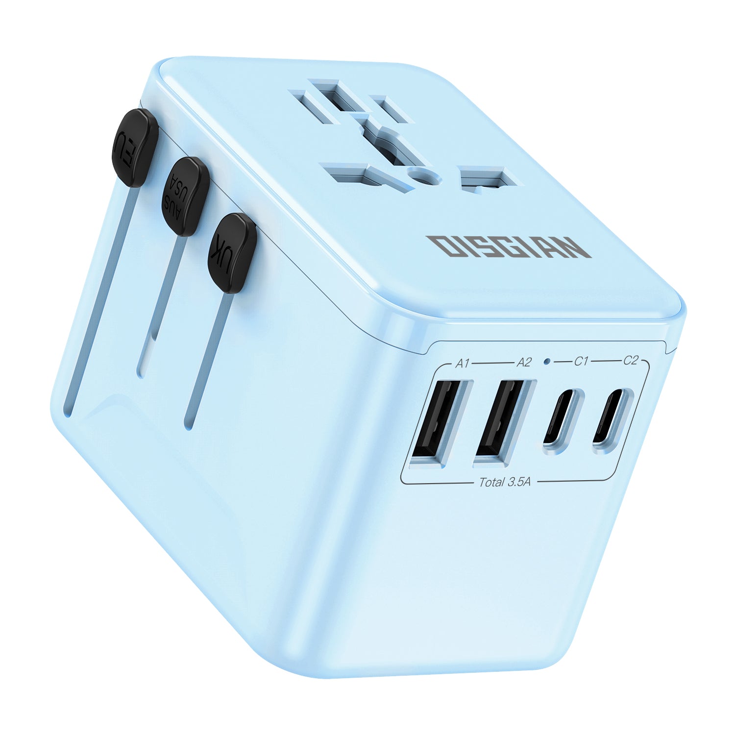 DISGIAN Universal Travel Adapter, 2 USB-C & 2 USB-A Fast Charging Wall Charger, Worldwide Plug for USA, Japan, UK, EU