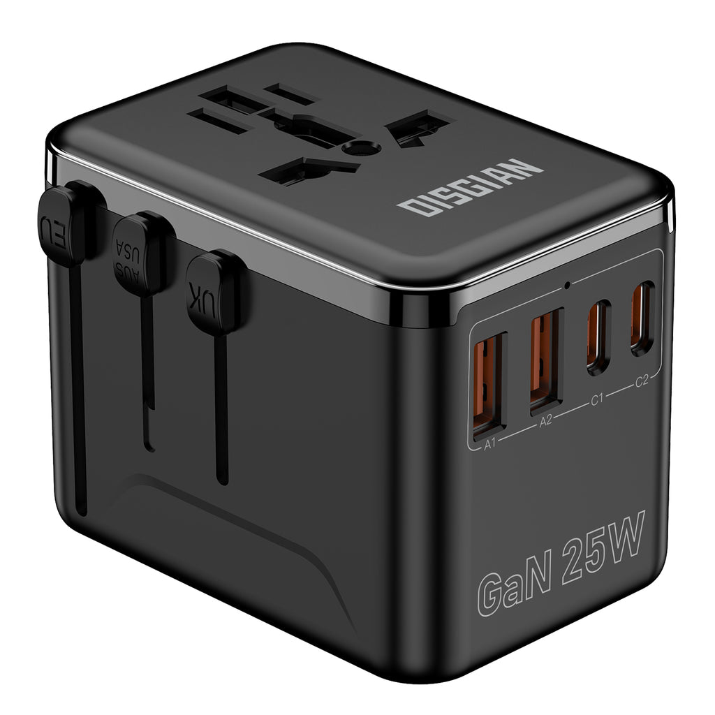 DISGIAN 25W Universal Travel Plug Adapter, 2 Type-C + 2 USB-A Fast Charger, International Power Adaptor US EU UK AU, Black