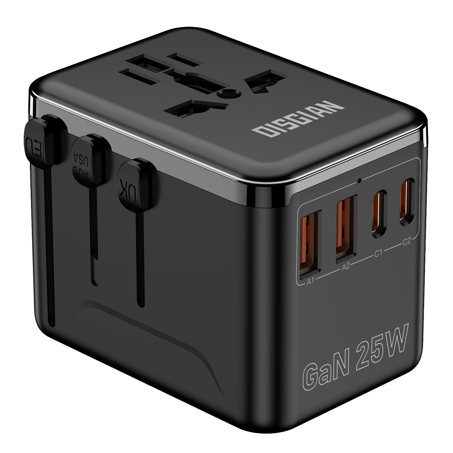 DISGIAN 25W Universal Travel Plug Adapter, 2 Type-C + 2 USB-A Fast Charger, International Power Adaptor US EU UK AU, Black