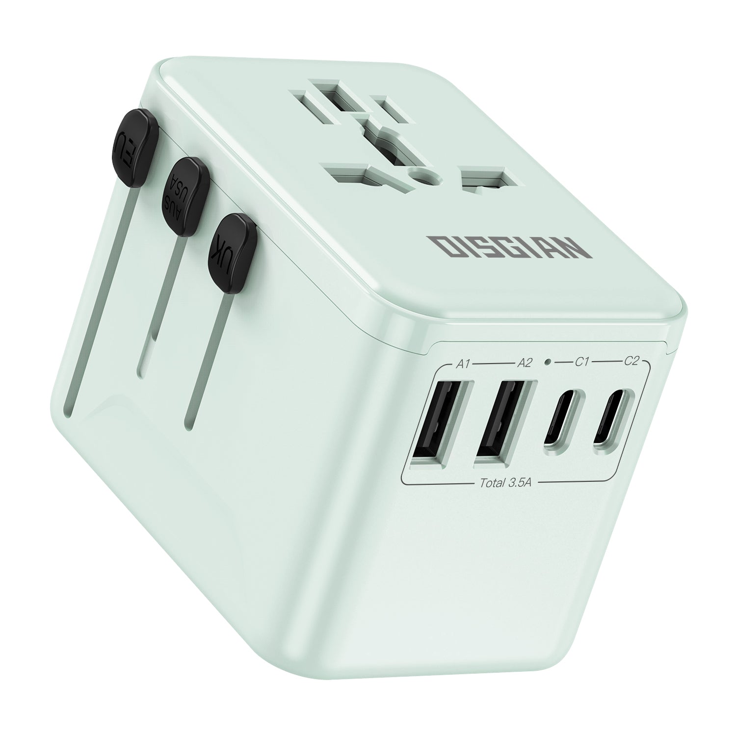 DISGIAN Universal Travel Adapter, 2 USB-C & 2 USB-A Fast Charging Wall Charger, Worldwide Plug for USA, Japan, UK, EU