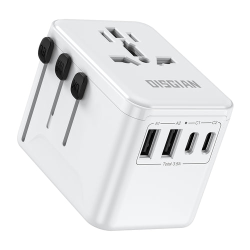 DISGIAN Universal Travel Adapter, 2 USB-C & 2 USB-A Fast Charging Wall Charger, Worldwide Plug for USA, Japan, UK, EU